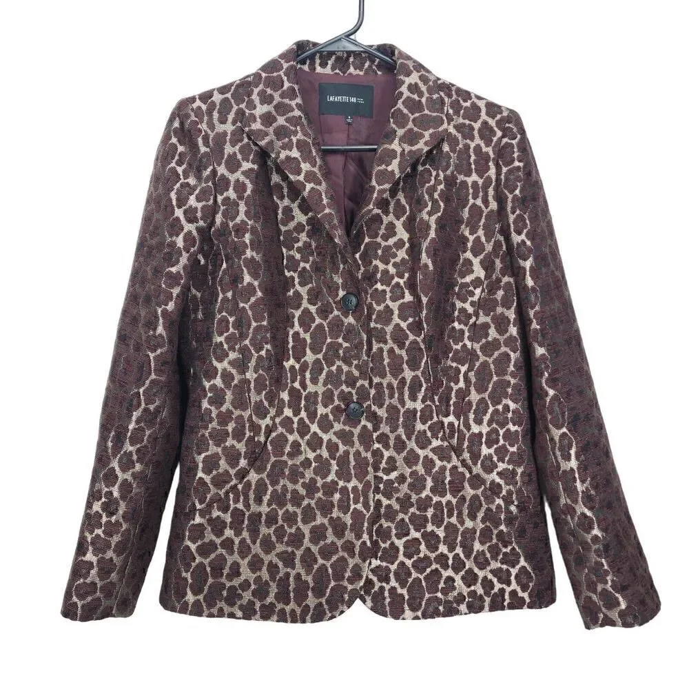 Lafayette 148 Women's Size 8 Raisin Multi Animal Leopard Button Blazer Jacket